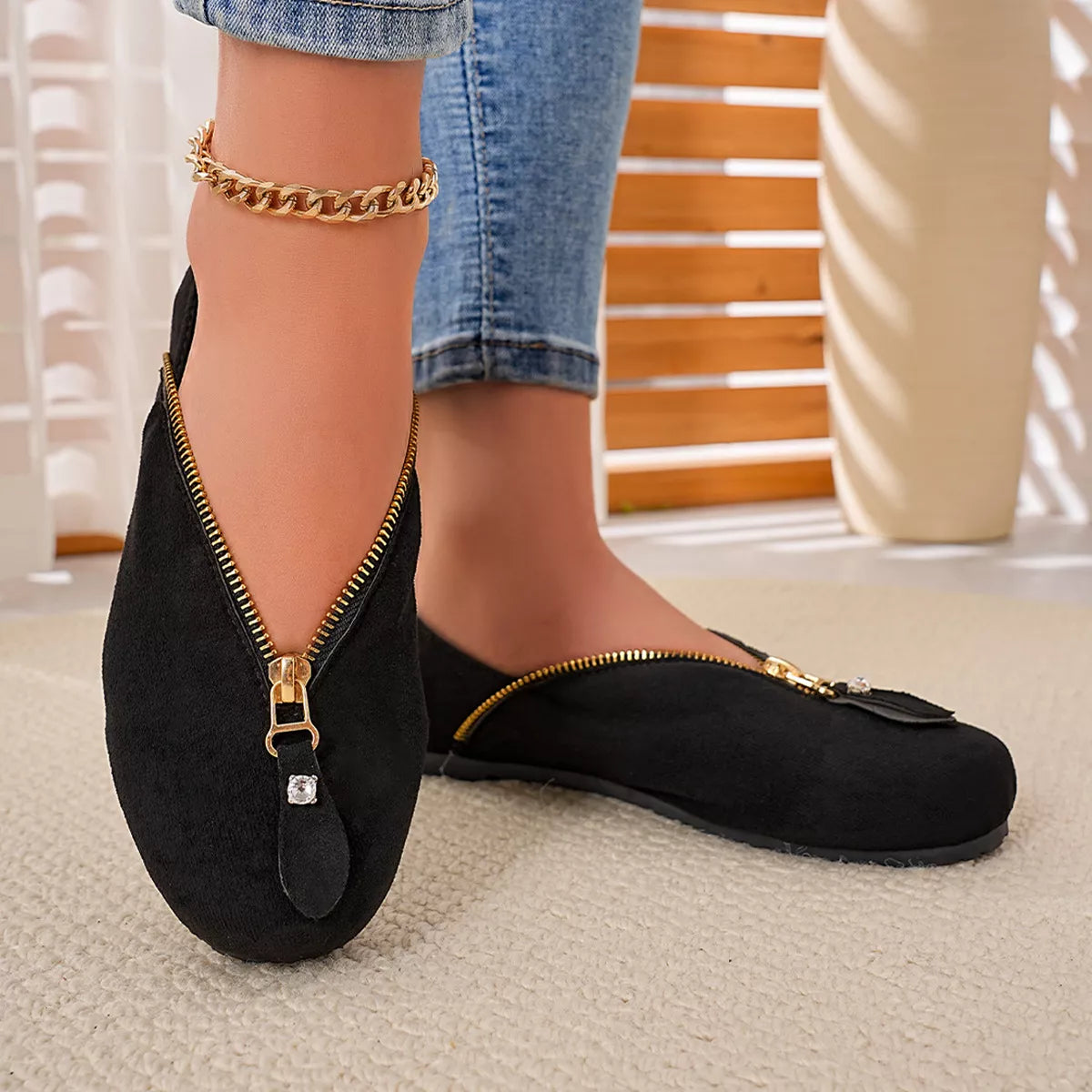 Chic Zipper Detail Flats Slip‑Ons - Lilixa.store