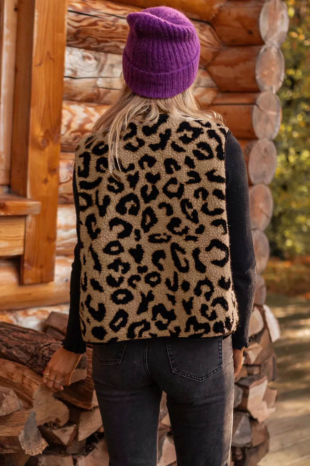 Leopard Print Sherpa Fleece Vest Coat - Lilixa.store