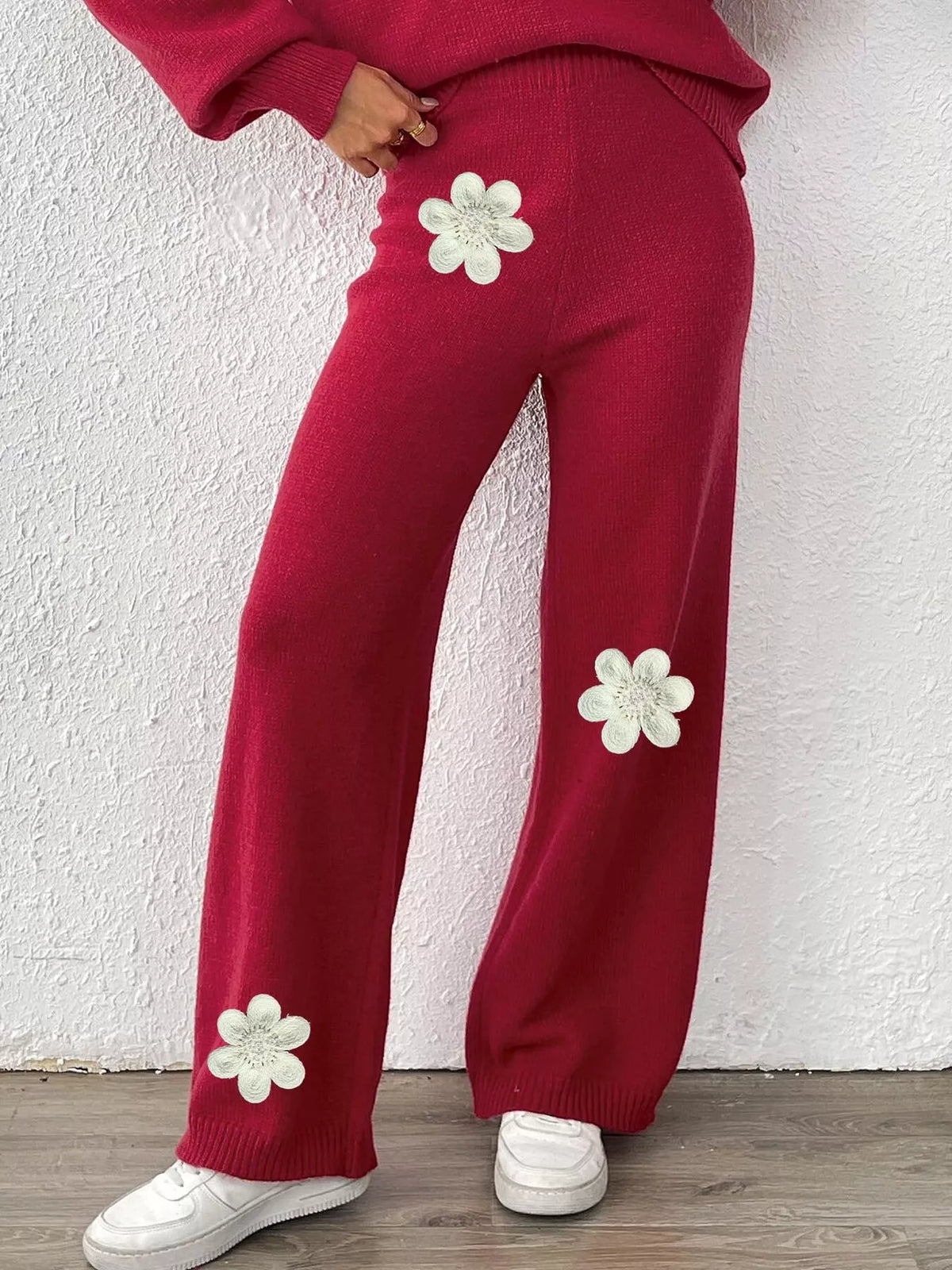 High-Waisted Wide-Leg Sweater Pants with Floral Beaded Decor in Deep Red
