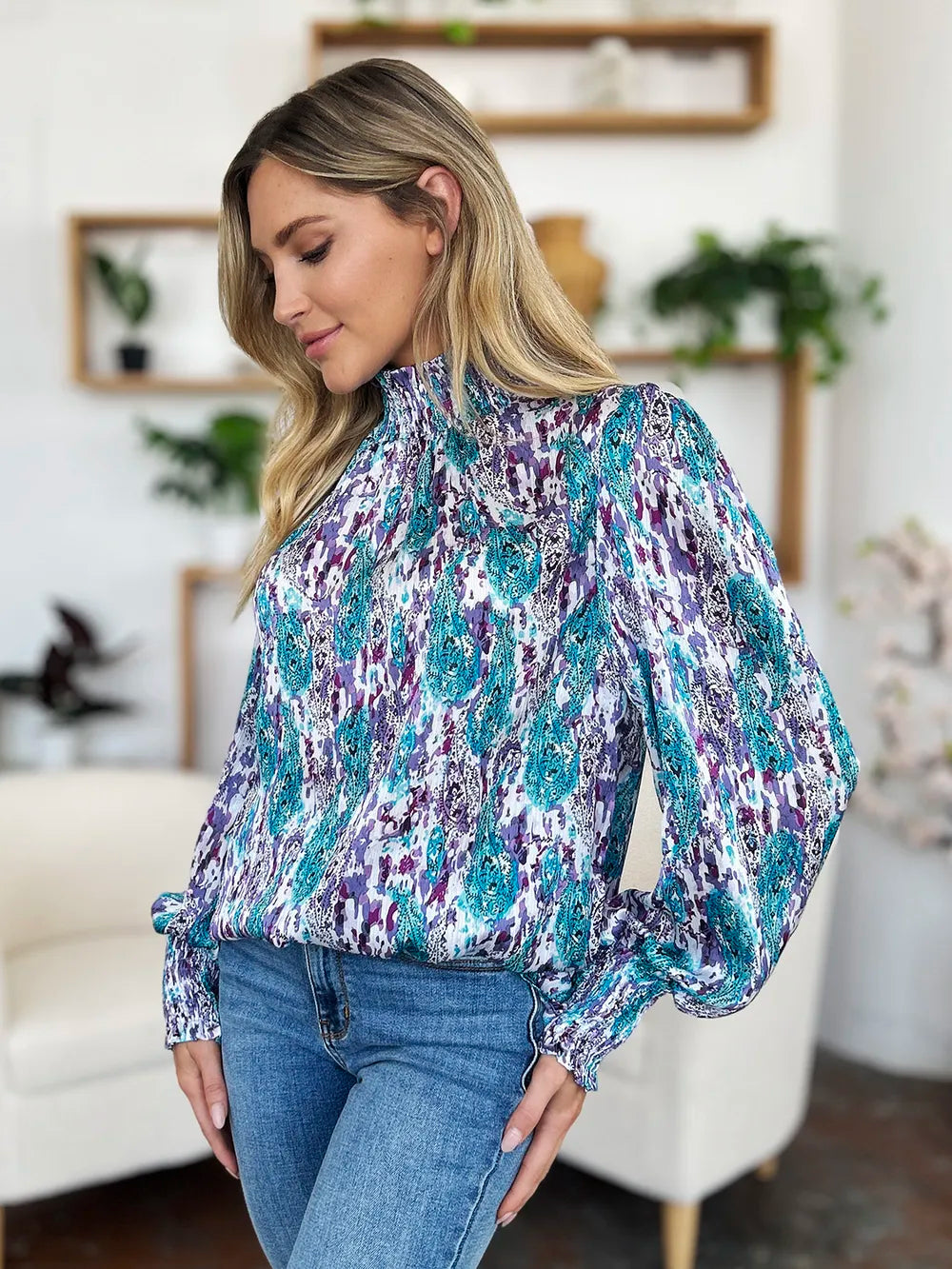 Double Take Full Size Printed Smocked Long Sleeve Blouse - Lilixa.store