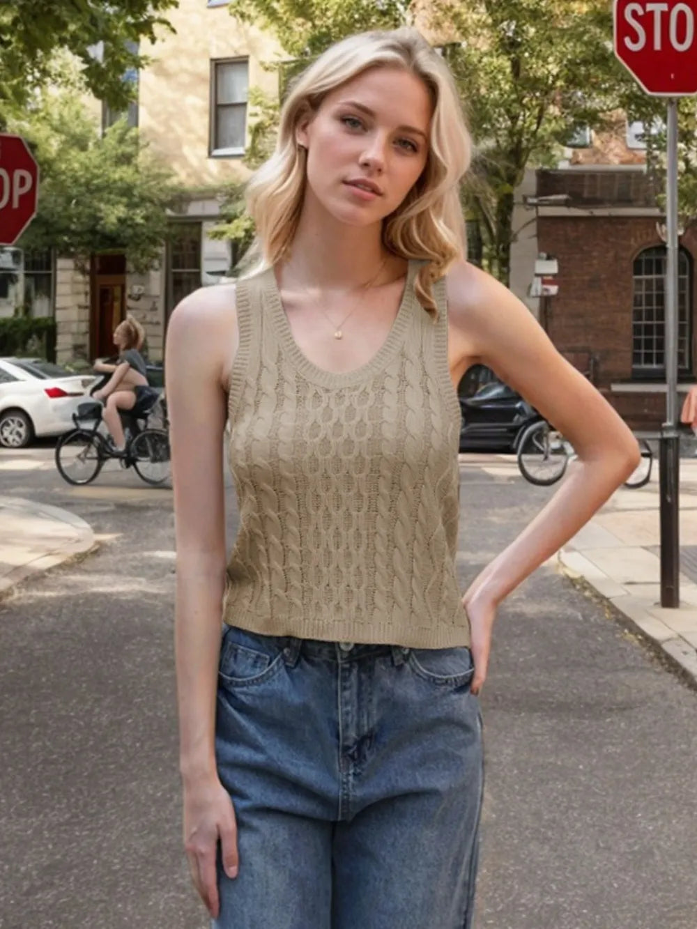 Cable-Knit V-Neck Knit Tank