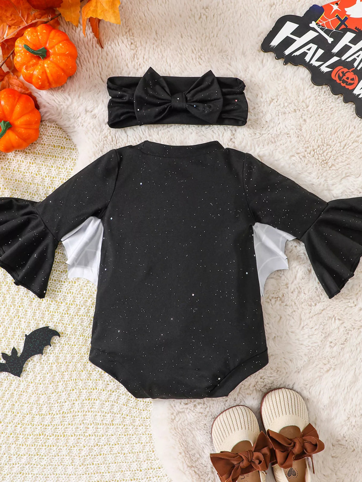 Children's Halloween Spiderweb Print Long Sleeve Bodysuit and Bow Headband Set - Lilixa.store