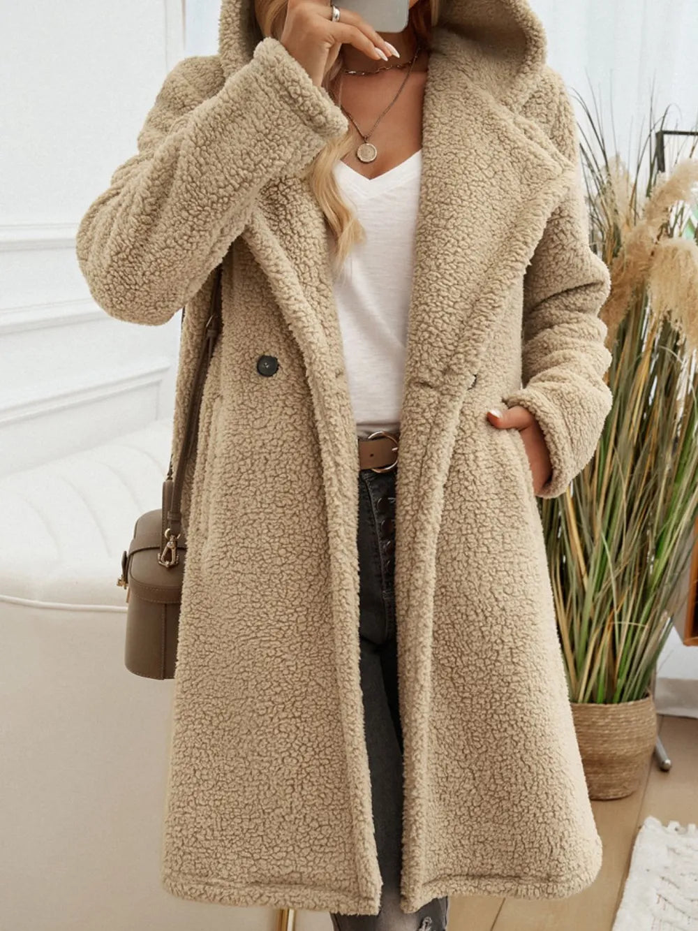 Devine Pocketed Long Sleeve Hooded Teddy Coat - Lilixa.store