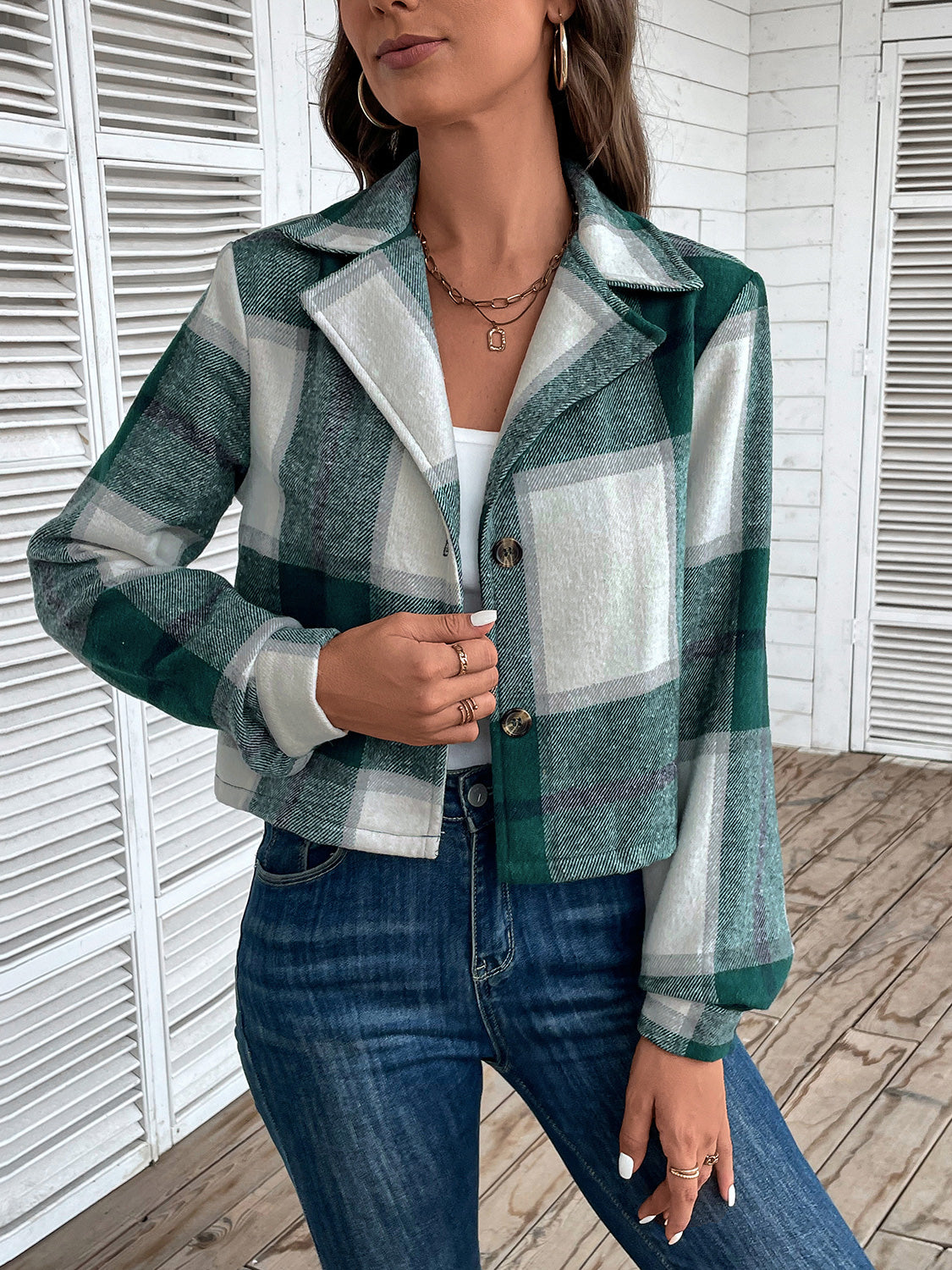 Perfee Plaid Collared Neck Button Up Long Sleeve Jacket in Green, view 3