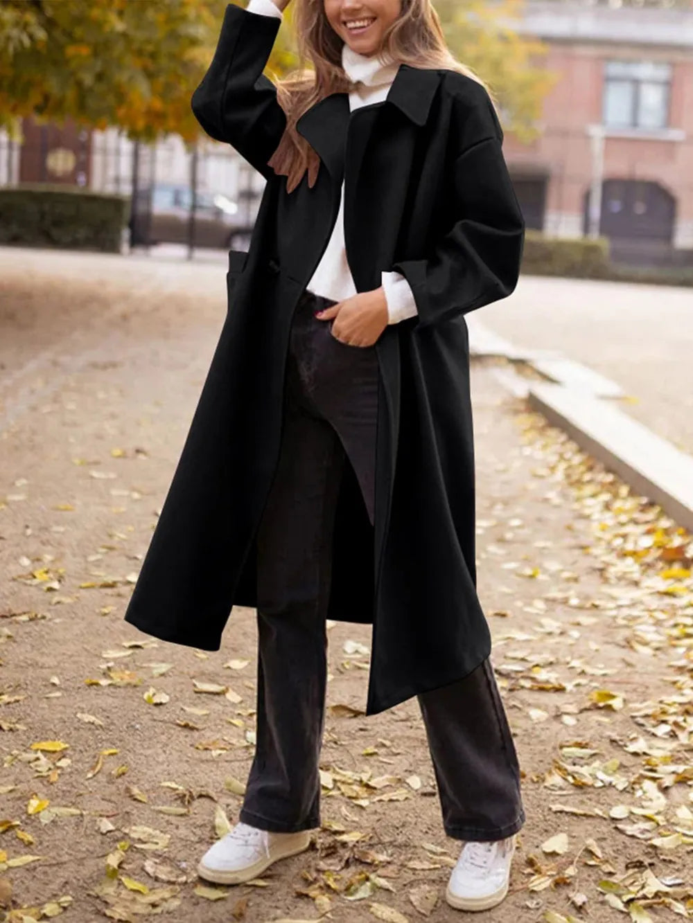 Pocketed Collared Neck Long Sleeve Coat - Lilixa.store