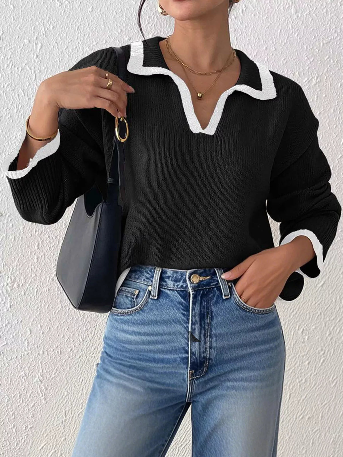 Contrast Trim Polo Collar Sweater - Lilixa.store