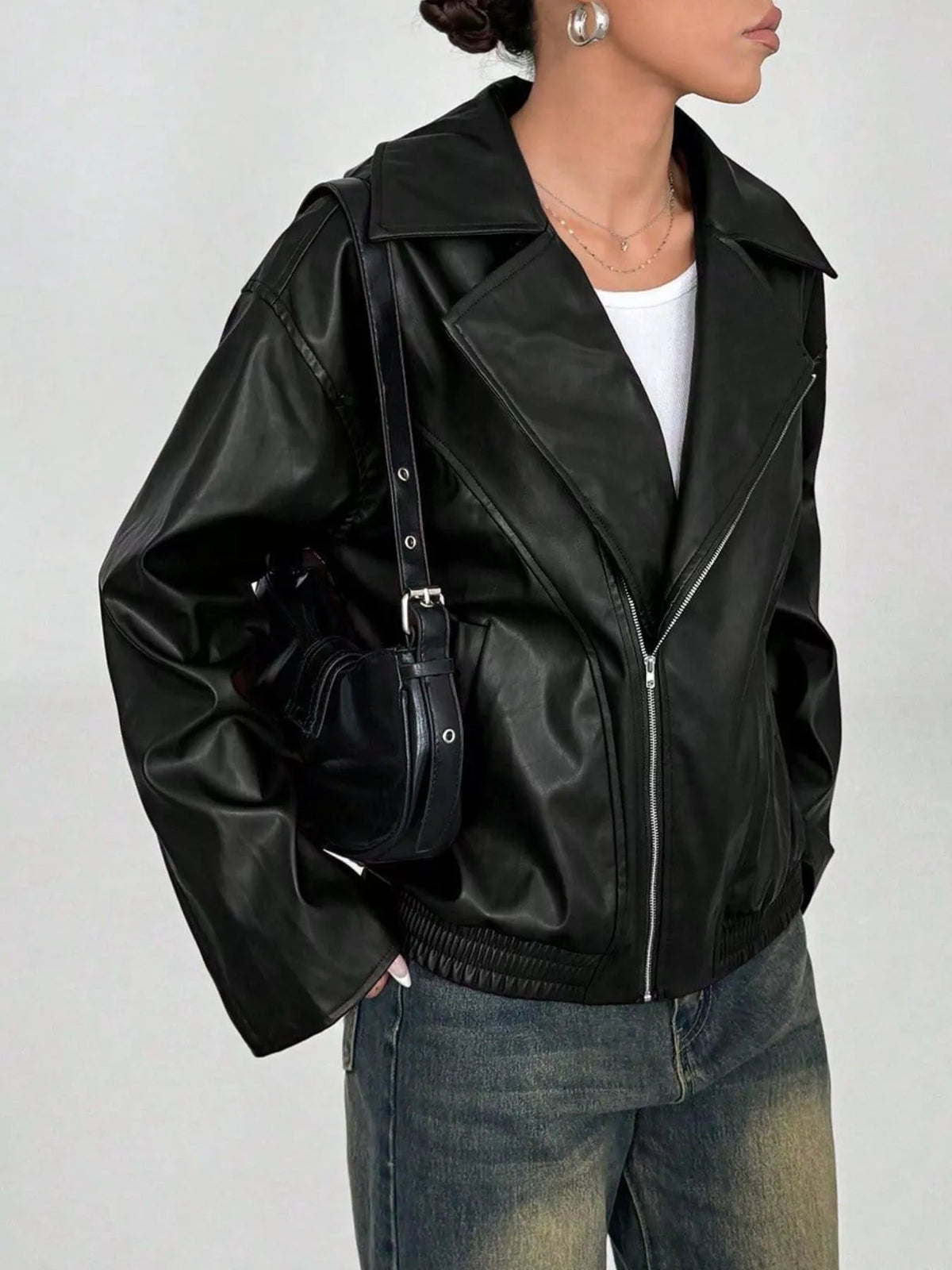 Oversized Faux Leather Moto Jacket in Black, view 3