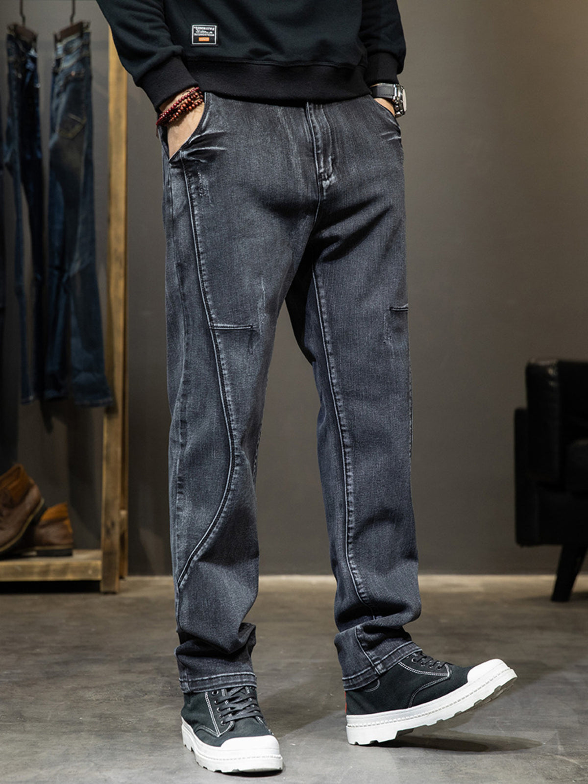 Men's Washed Slim-Fit Jeans with Curved Side Seam Detailing in Black