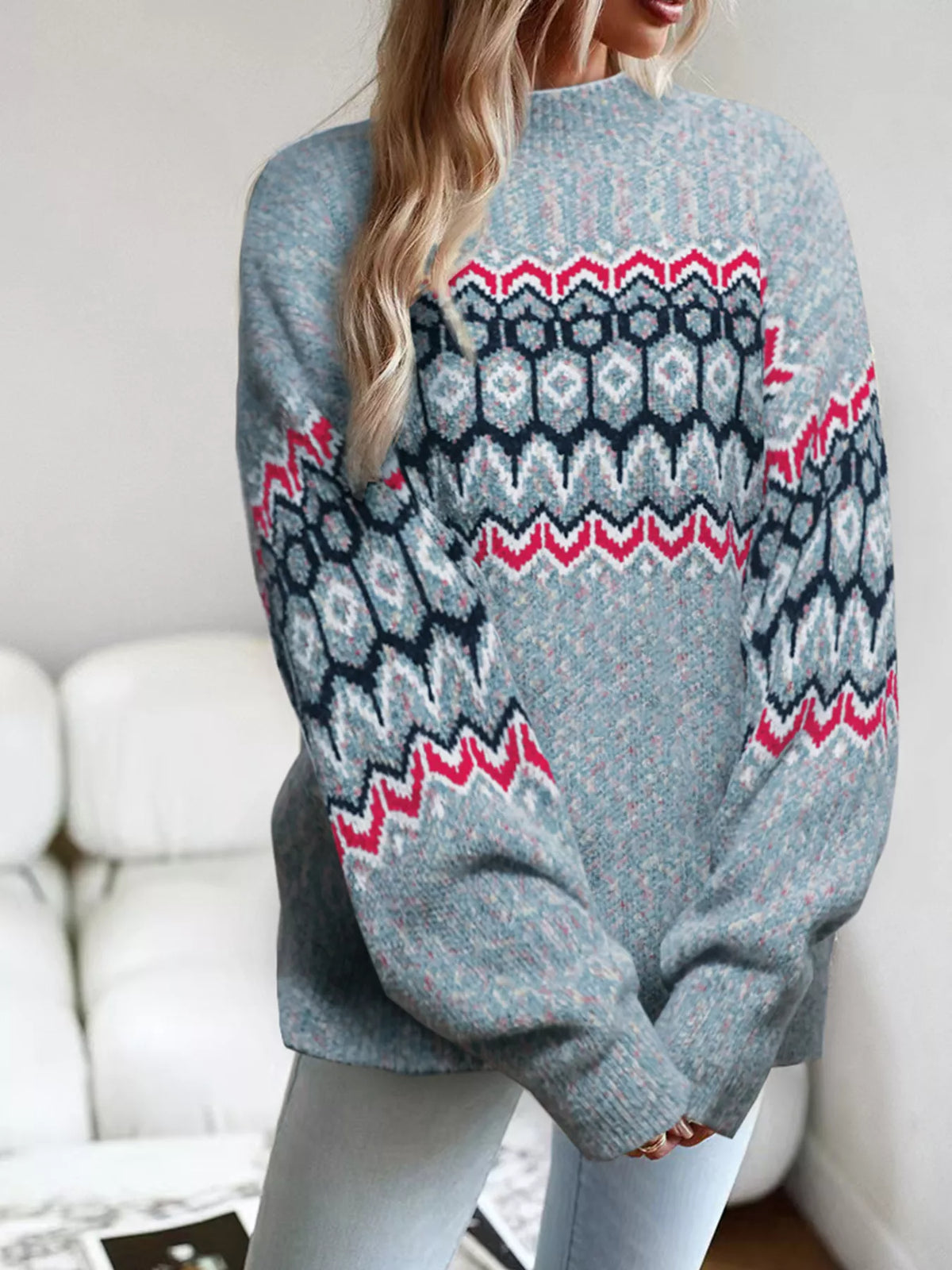 Geometric Pattern Long Sleeve Sweater - Lilixa.store