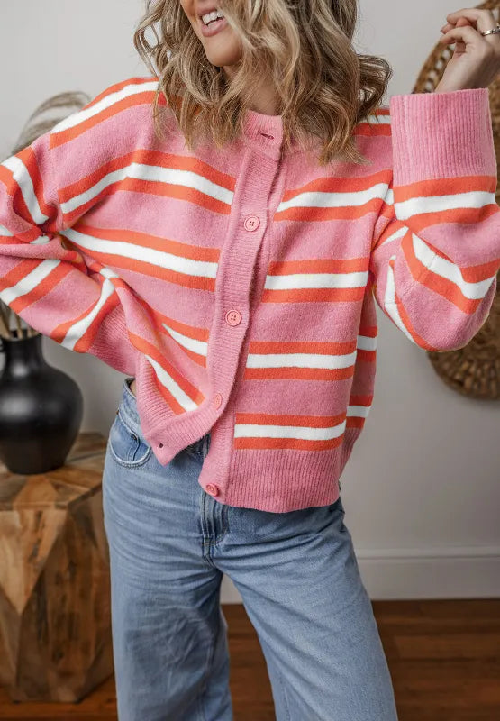 Striped Button Down Long Sleeve Cardigan - Lilixa.store