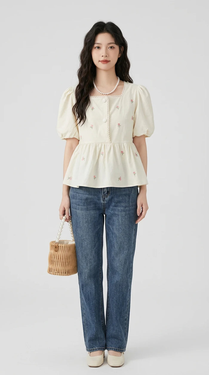 Floral Embroidered Puff Sleeve Peplum Blouse