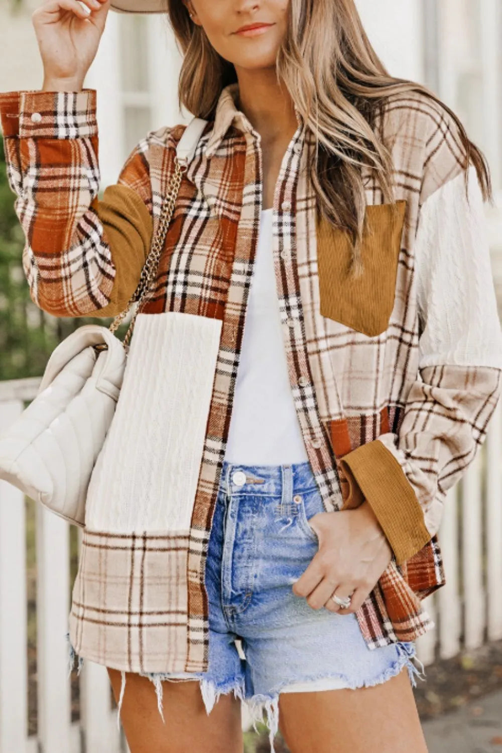 Plaid Button Up Long Sleeve Shacket in Sherbet, view 4