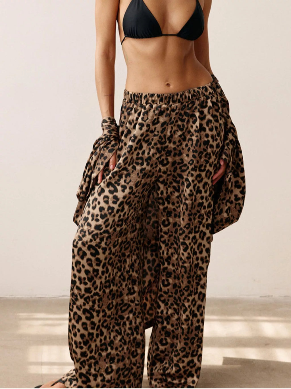 Leopard Cardigan and Wide Leg Pants Lounge Set - Lilixa.store