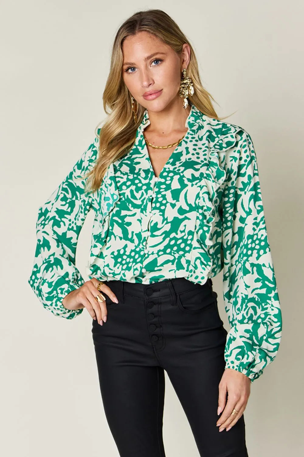Double Take Full Size Printed Ruffle Trim Balloon Sleeve Shirt - Lilixa.store