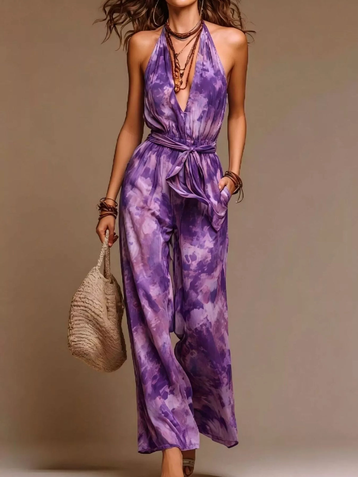 Full Size Boho Tie-Dye Halter Neck Wide-Leg Jumpsuit with Waist Tie Plus Size in Purple