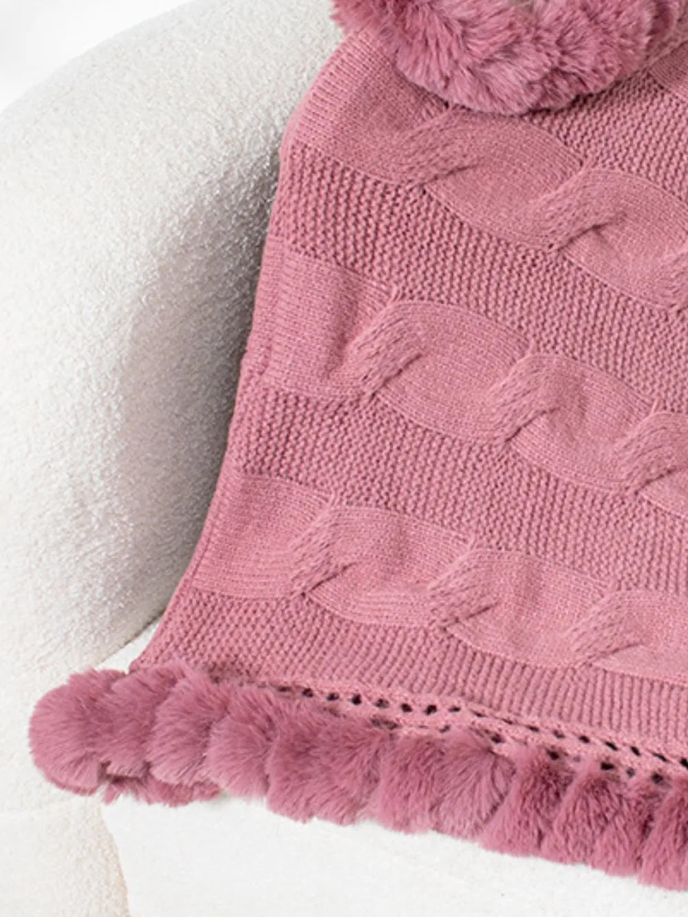 Fuzzy Hem Cable-Knit Poncho - Lilixa.store
