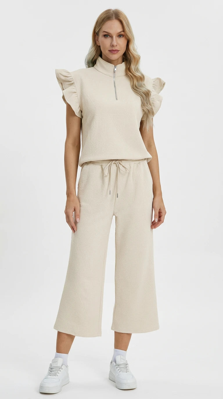Double Take Full Size Texture Ruffle Short Sleeve Top and Wide Leg Pants Set