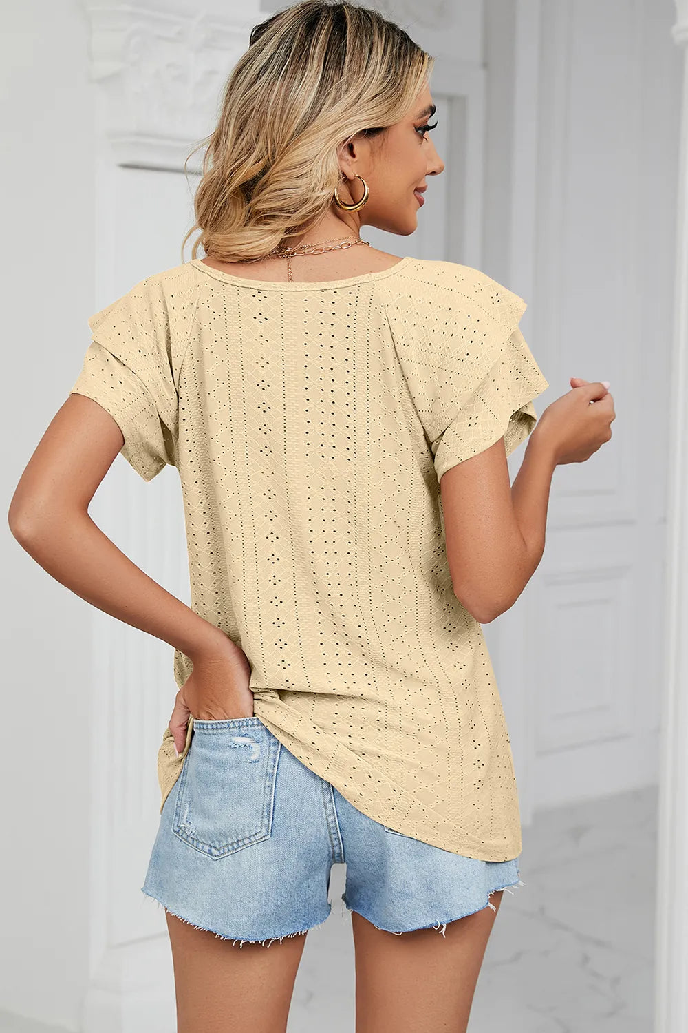 Eyelet V-Neck Short Sleeve T-Shirt - Lilixa.store