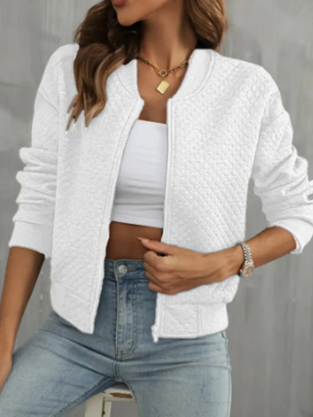 Zip Up Long Sleeve Jacket in White