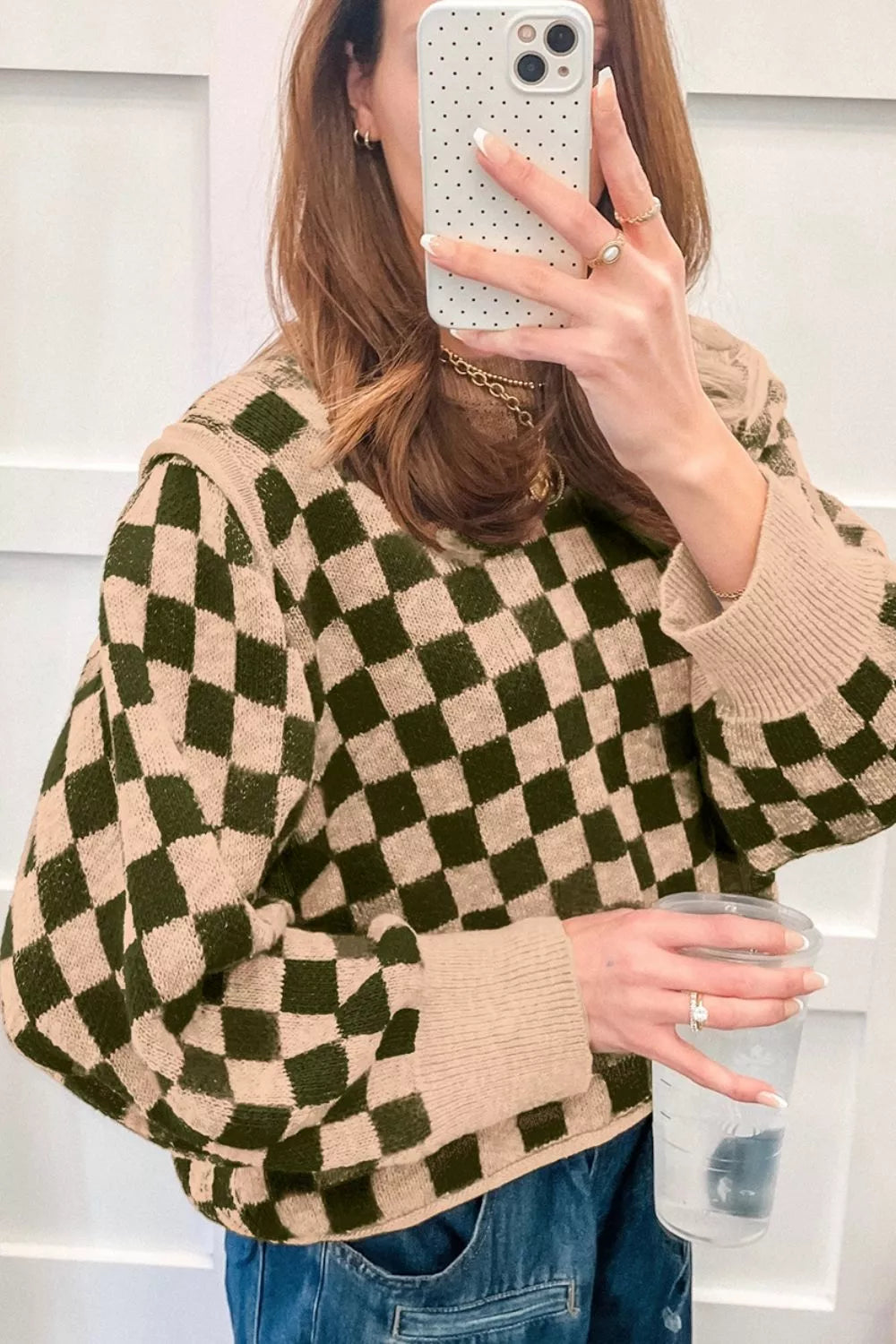 Multicolour Drop Shoulder Plaid Knit Long Sleeve Sweater