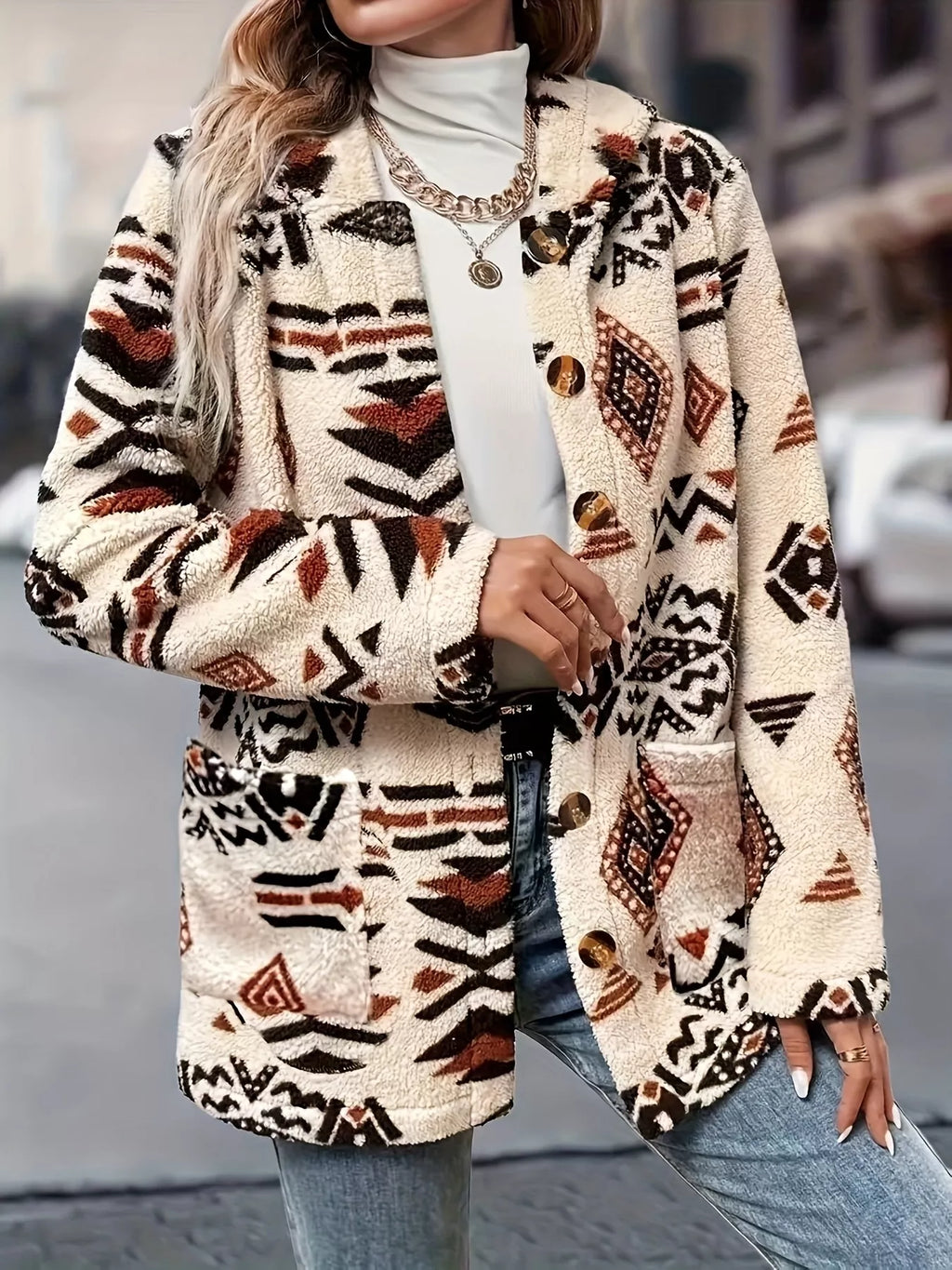 Ethnic Pattern Button-Up Fleece Outerwear - Lilixa.store