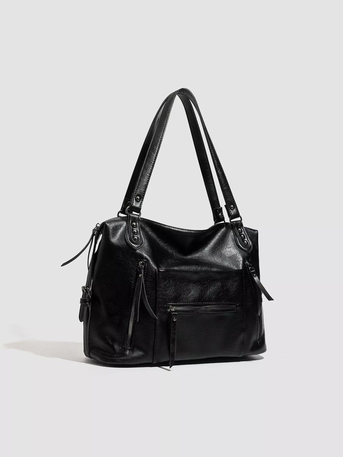 Multi-Pocket Zippered Shoulder Bag in Black, view 2