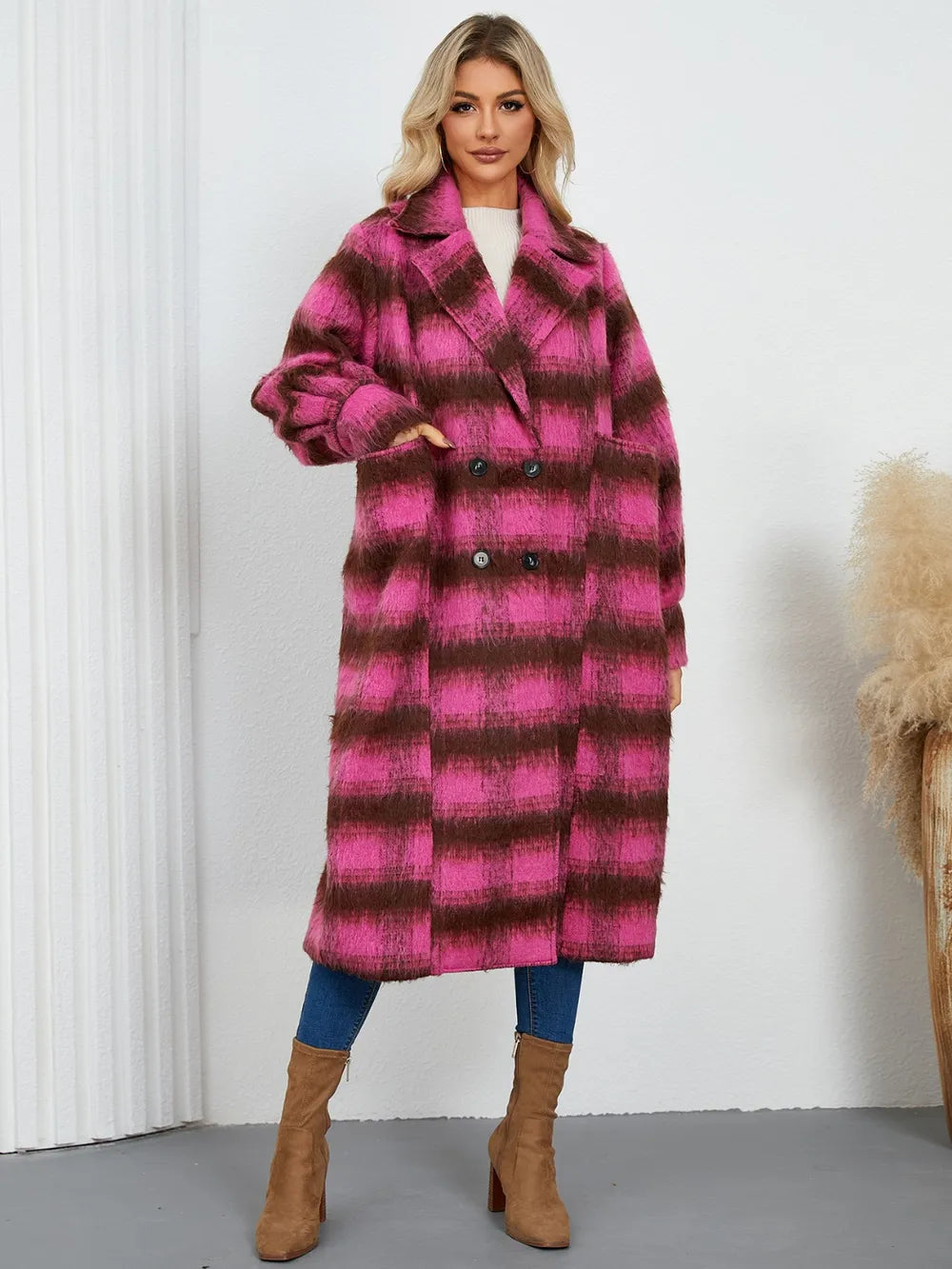 Contrast Double-Breasted Long Sleeve Longline Coat - Lilixa.store