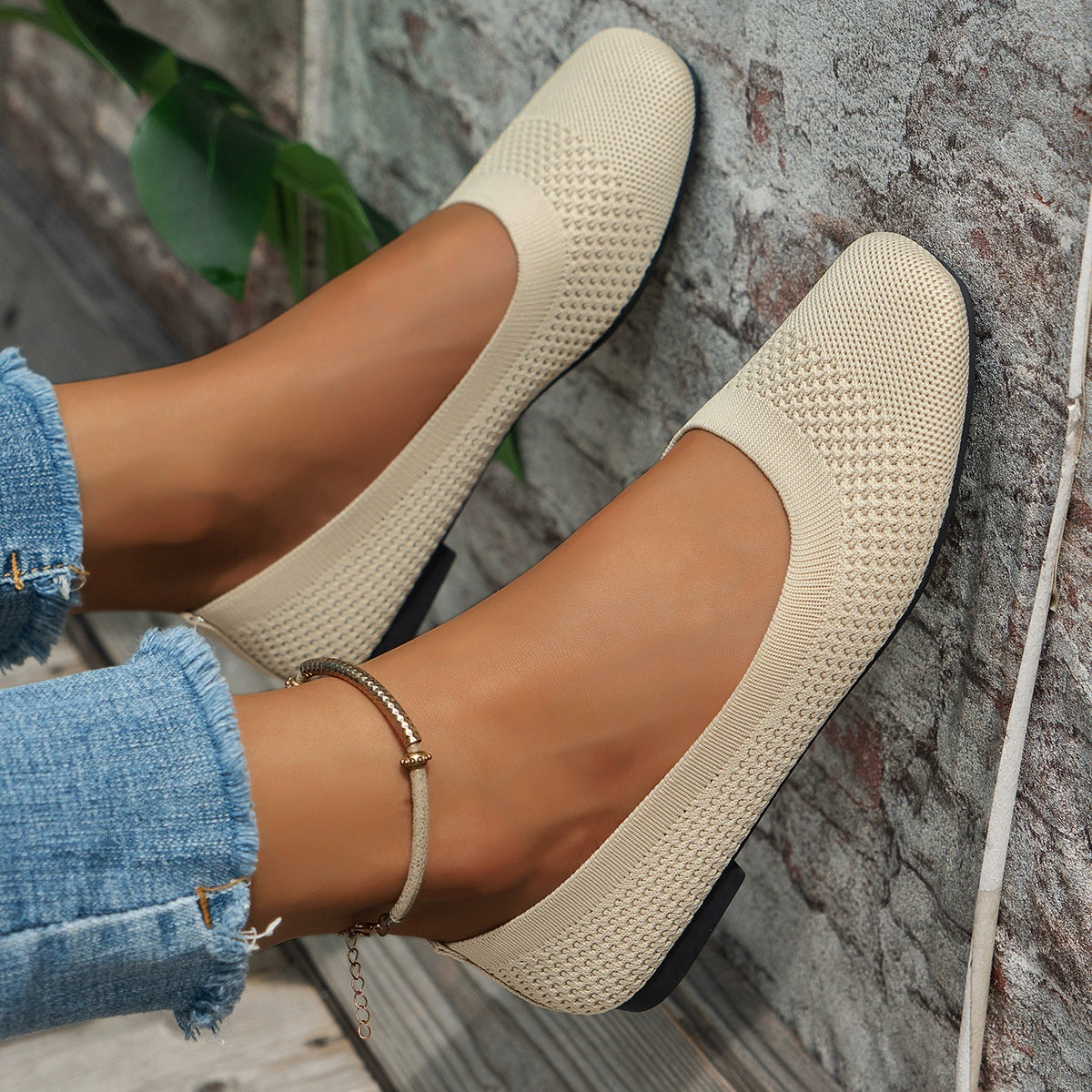 Square Toe Solid Color Mesh Slip-Ons in Beige