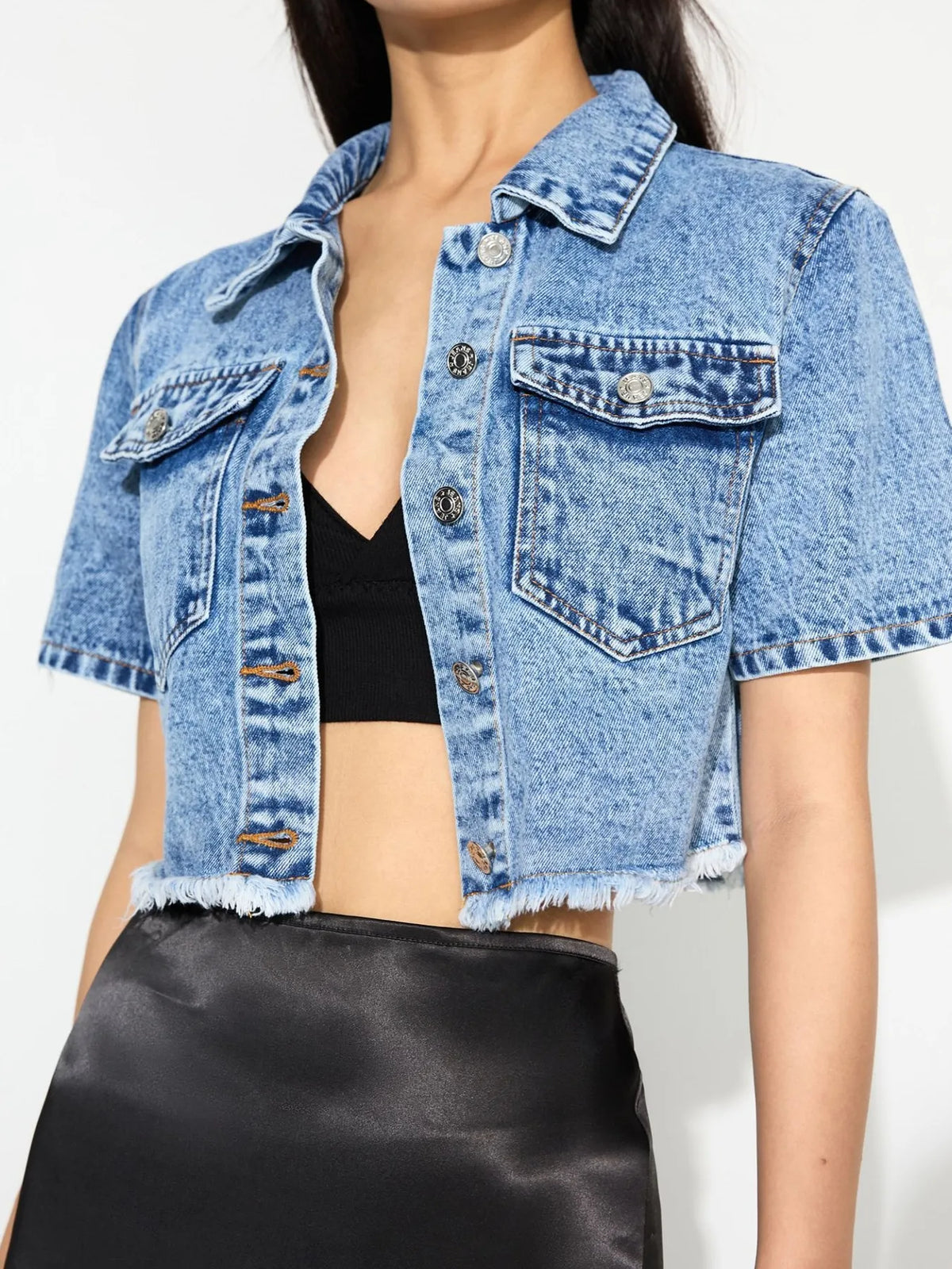 Cropped Short Sleeve Denim Jacket with Frayed Hem in Blue