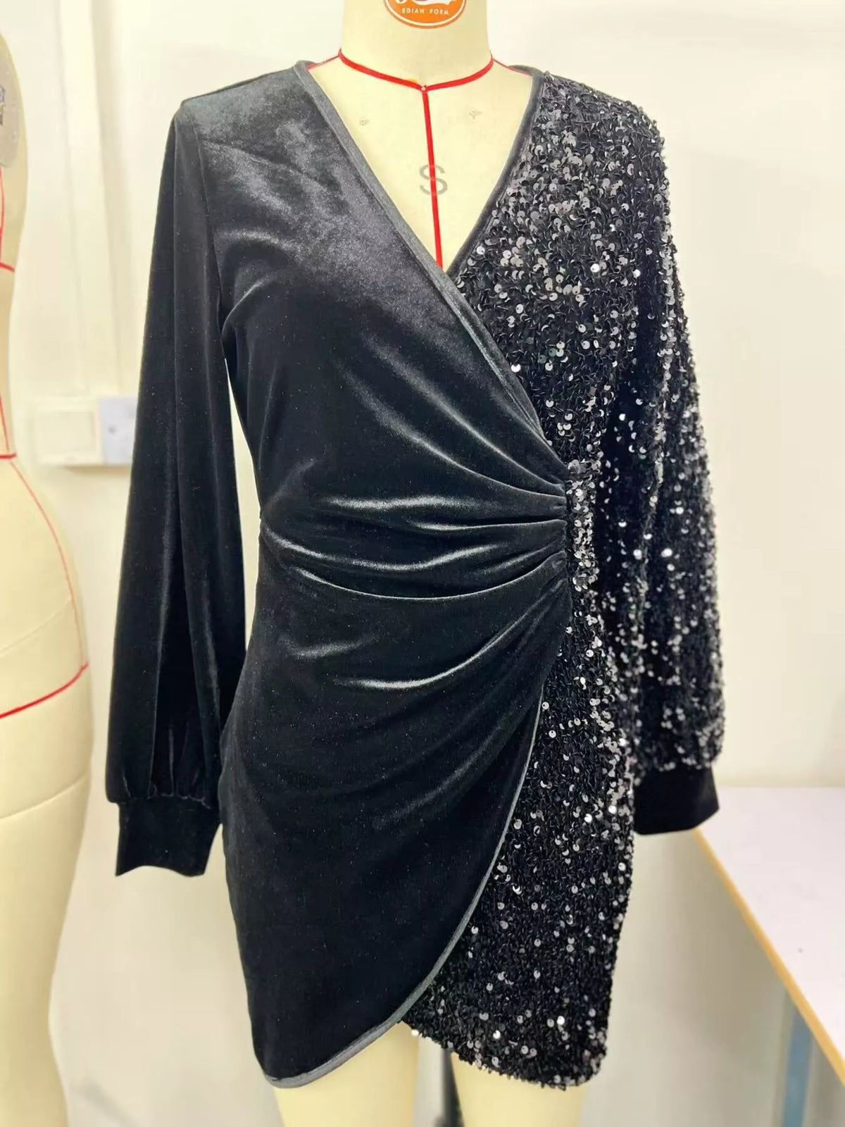 Velvet Sequin Long Sleeve Wrap Dress, view 3