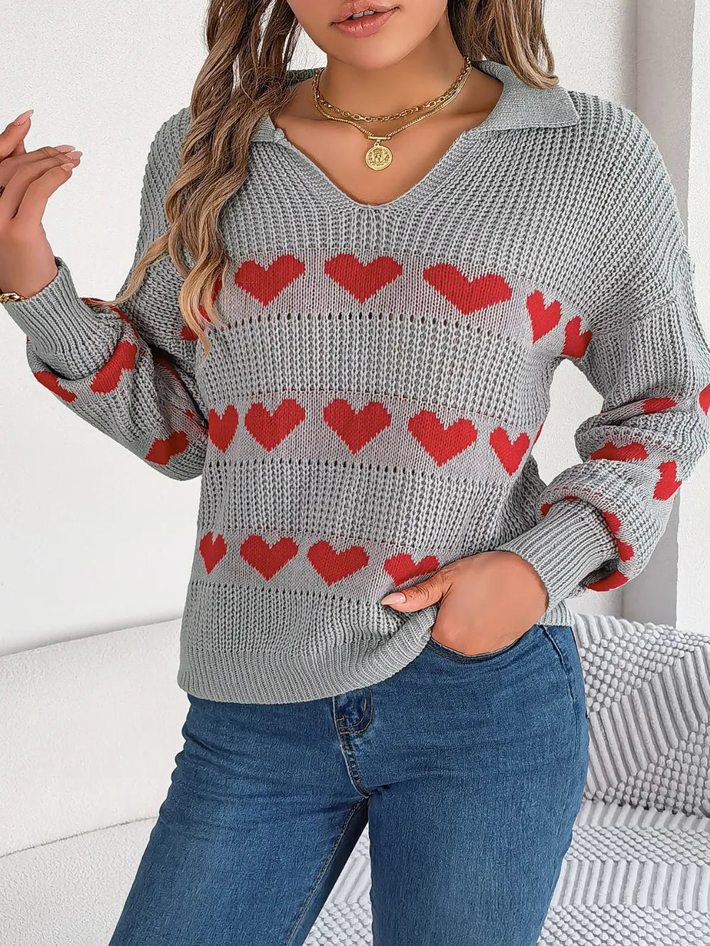 Heart Johnny Collar Long Sleeve Sweater, view 8