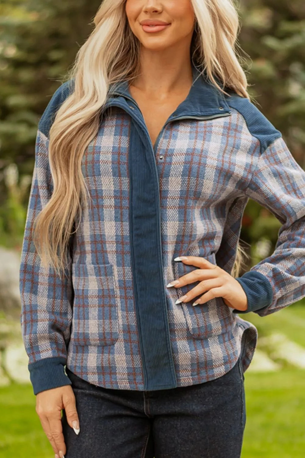 Plaid Corduroy Patchwork Collared Zip Up Snap Button Jacket, view 7