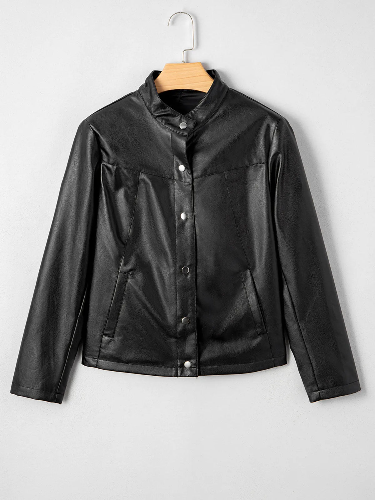 Faux Leather Buttoned Front Boxy Jacket in Black, view 4