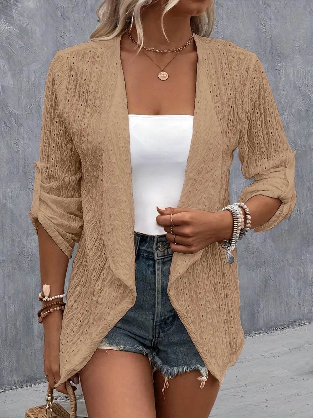 Eyelet Roll-Tab Sleeve Cardigan - Lilixa.store