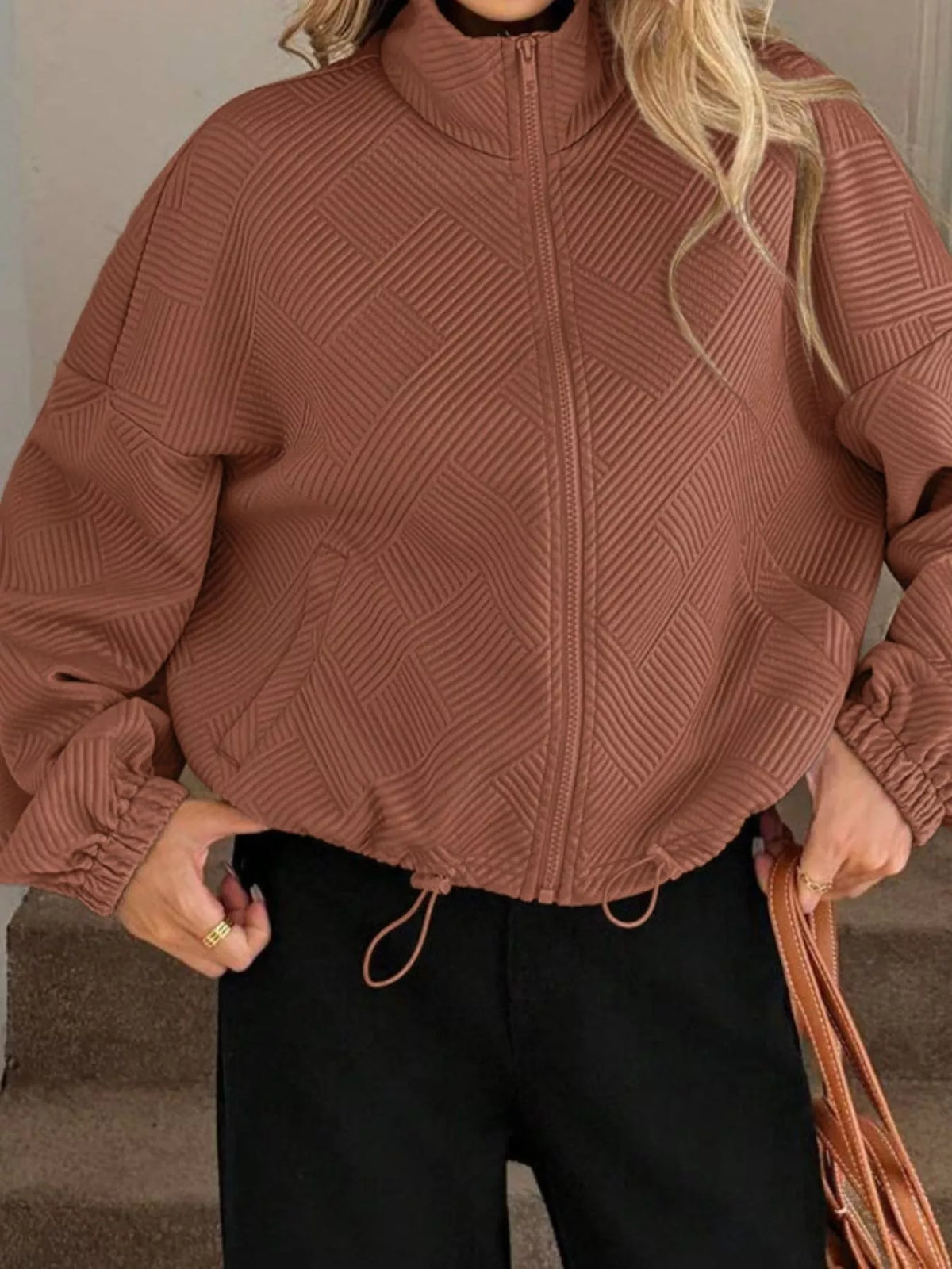 Textured Zip-Up Drawstring Hem Jacket, view 19