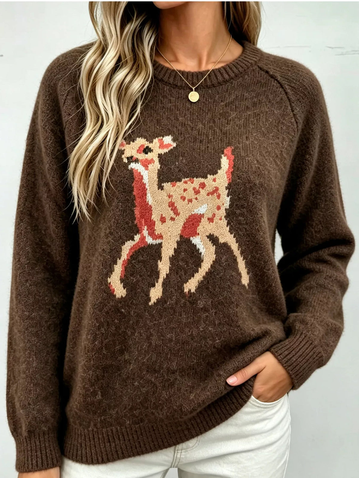 Deer Pattern Raglan Sleeve Sweater - Lilixa.store