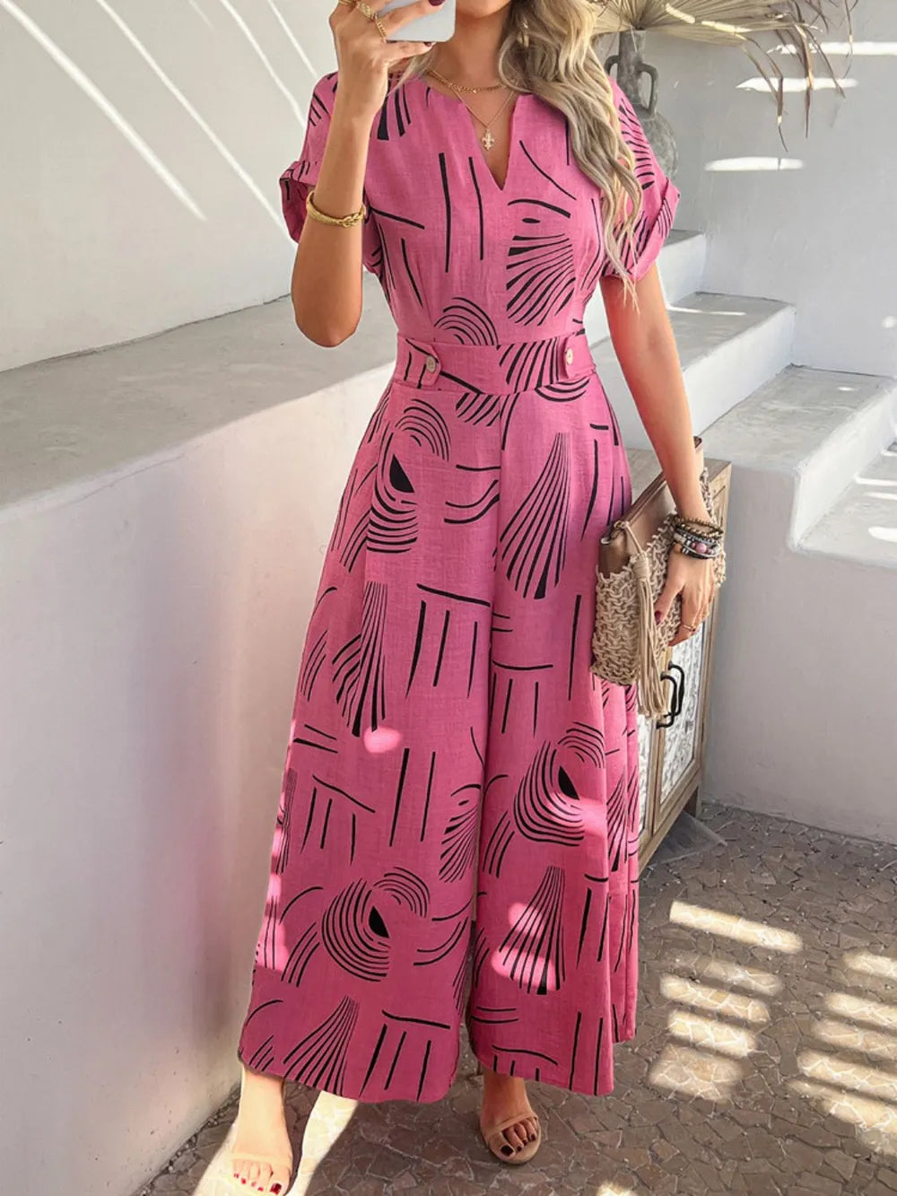 Devine Printed Notched Short Sleeve Wide Leg Jumpsuit - Lilixa.store