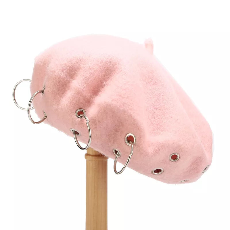 Metal Ring Embellished Beret Hat - Lilixa.store