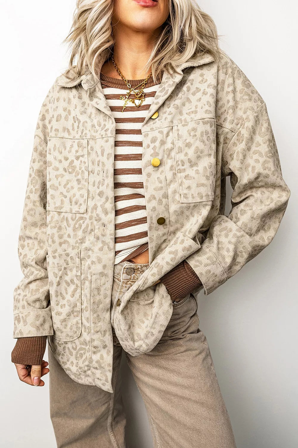 Leopard Print Corduroy Shirt Collar Long Sleeve Regular Fit Jacket in Khaki