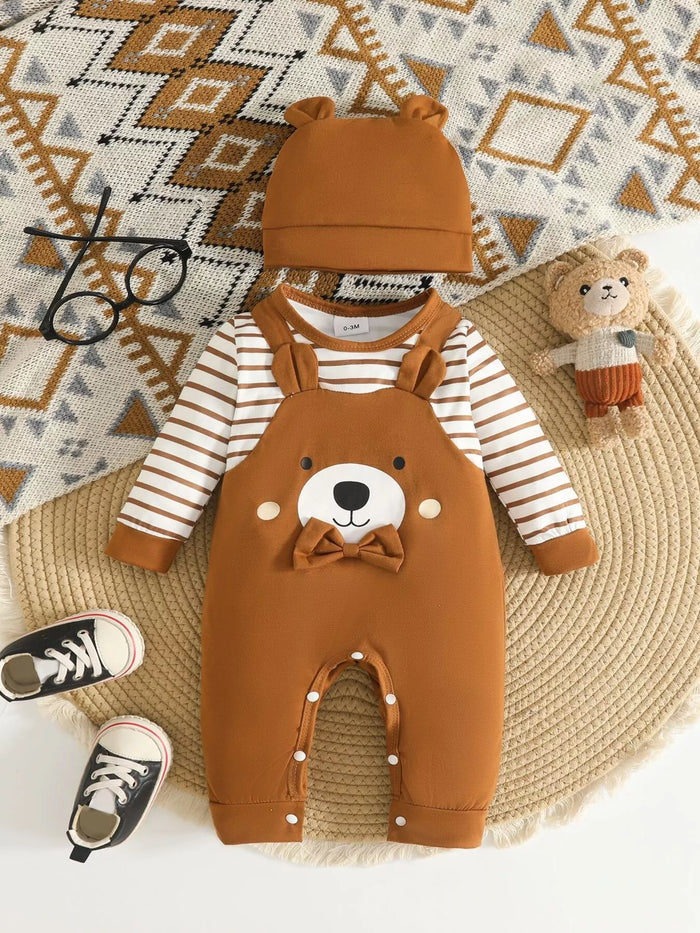 Children's Bear Pattern Long Sleeve Jumpsuit and Hat Set in Earthy Yellow