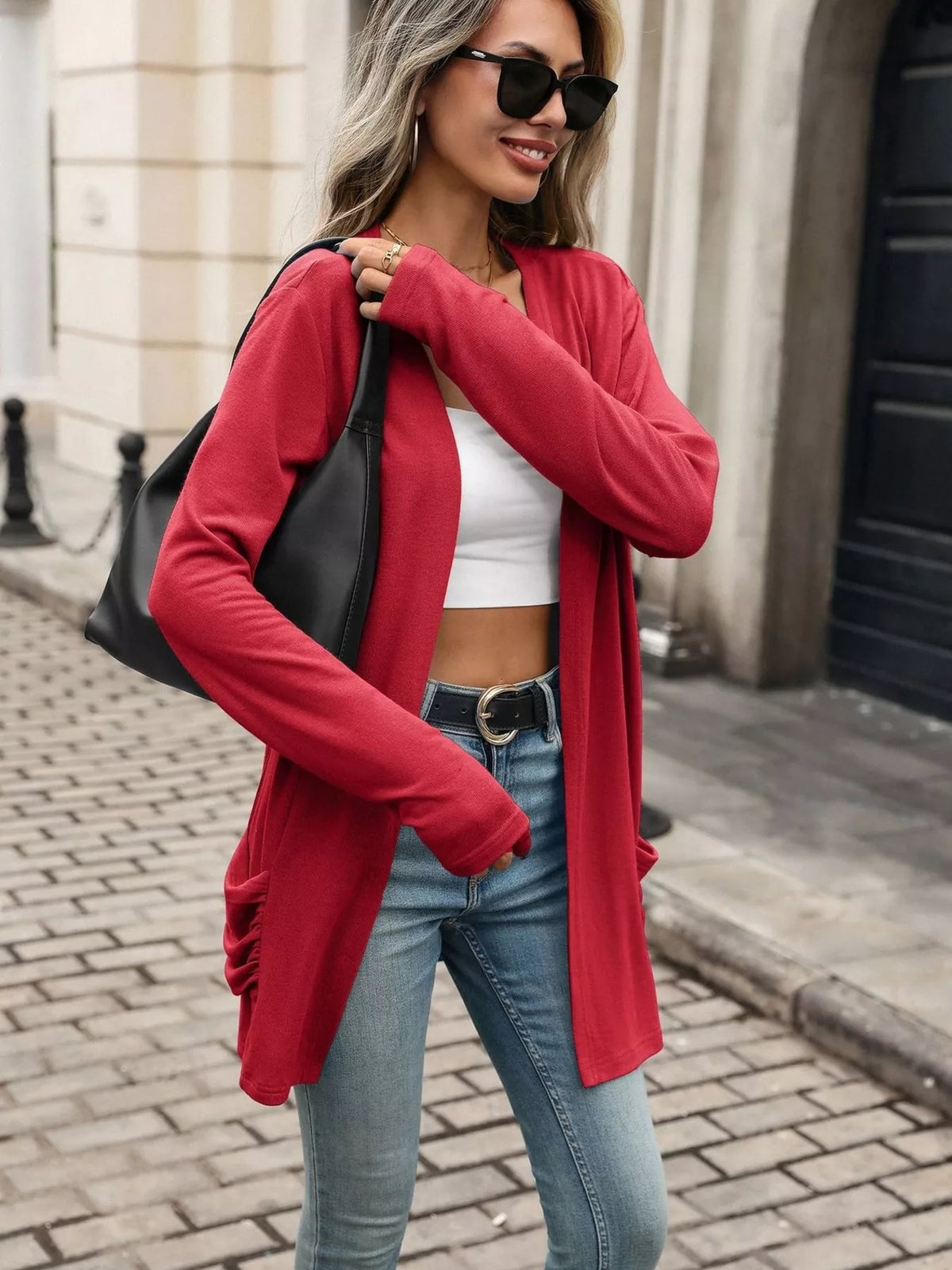 Ruched Pocket Open Front Cardigan