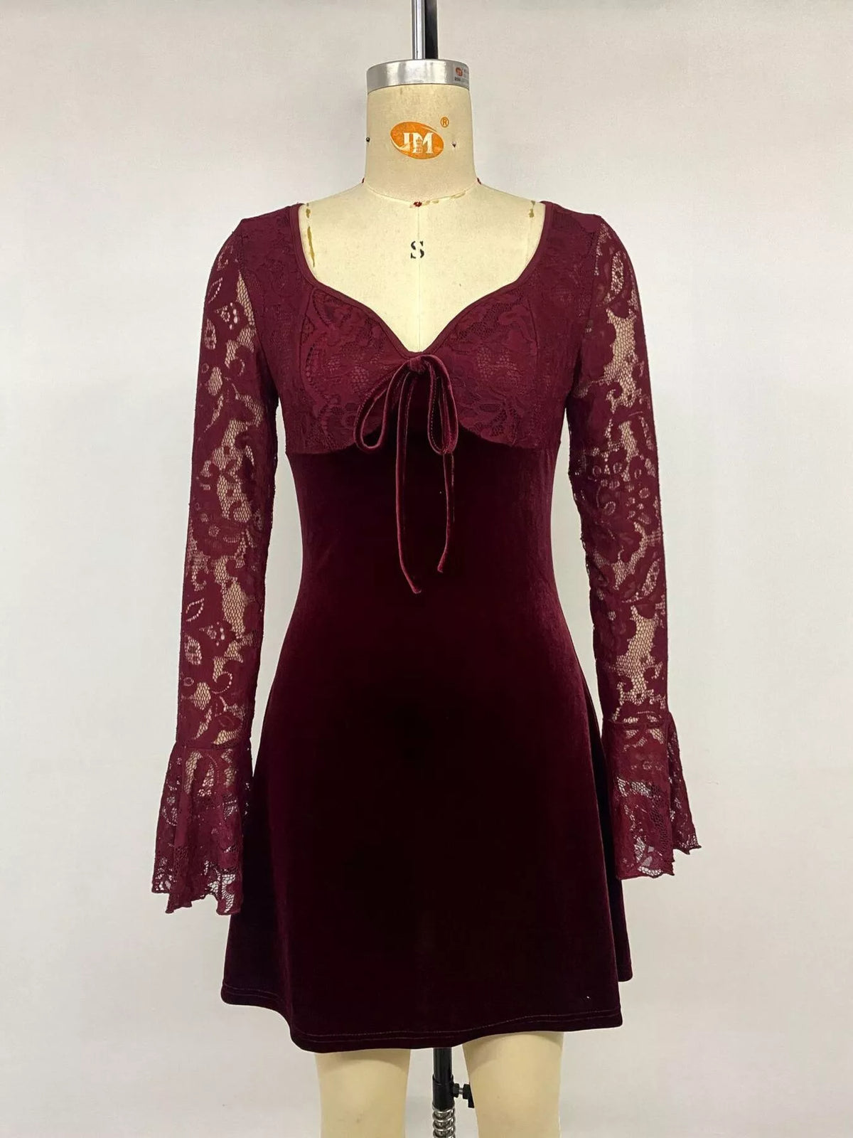 Lace Flare Sleeve Mini Dress in Burgundy, view 7