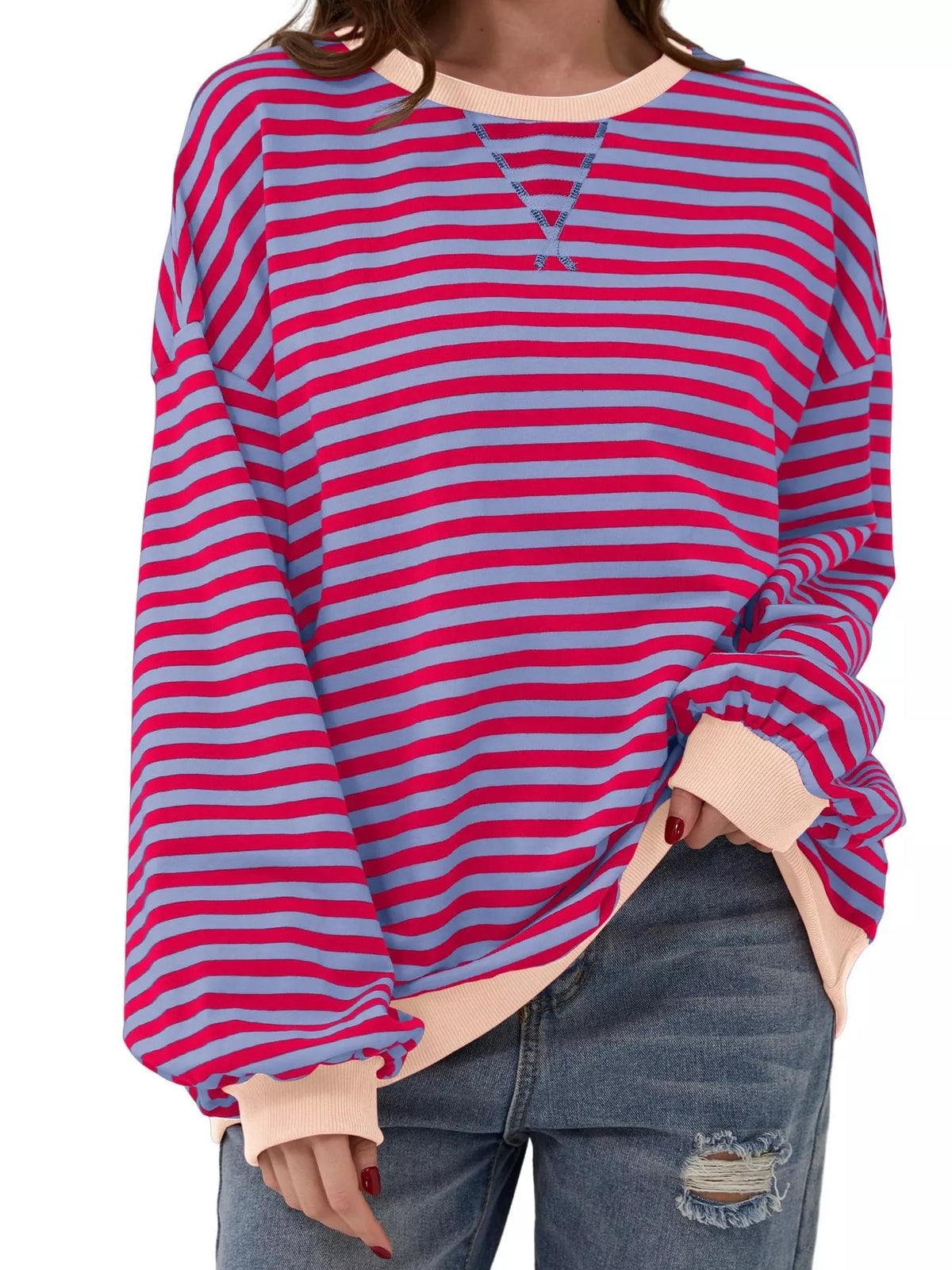 Striped Contrast Trim Oversized Sweatshirt - Lilixa.store