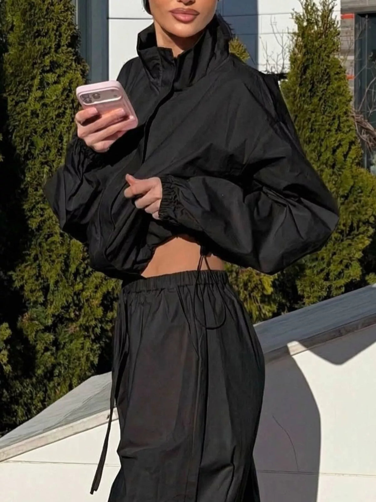 Drawstring Hem Crop Jacket and Wide-Leg Pant Set