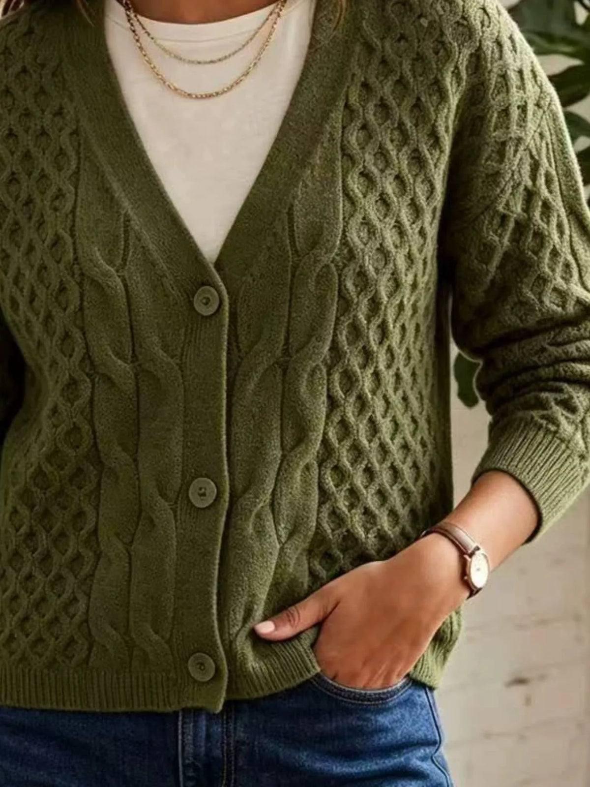Cable-Knit V-Neck Button-Down Cardigan, view 6