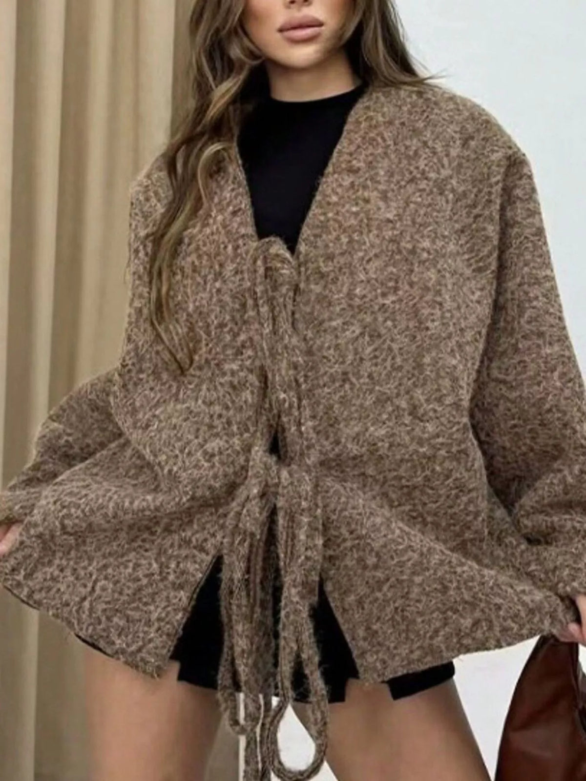 Textured Knit Tie-Front Outerwear - Lilixa.store