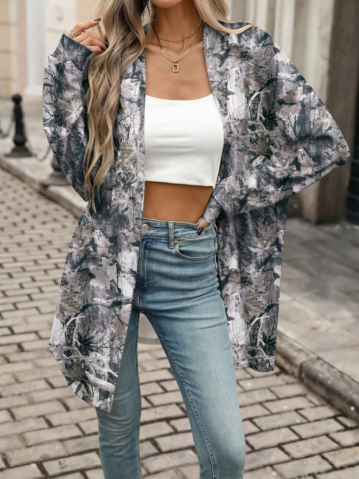 Printed Open Front Cardigan - Lilixa.store