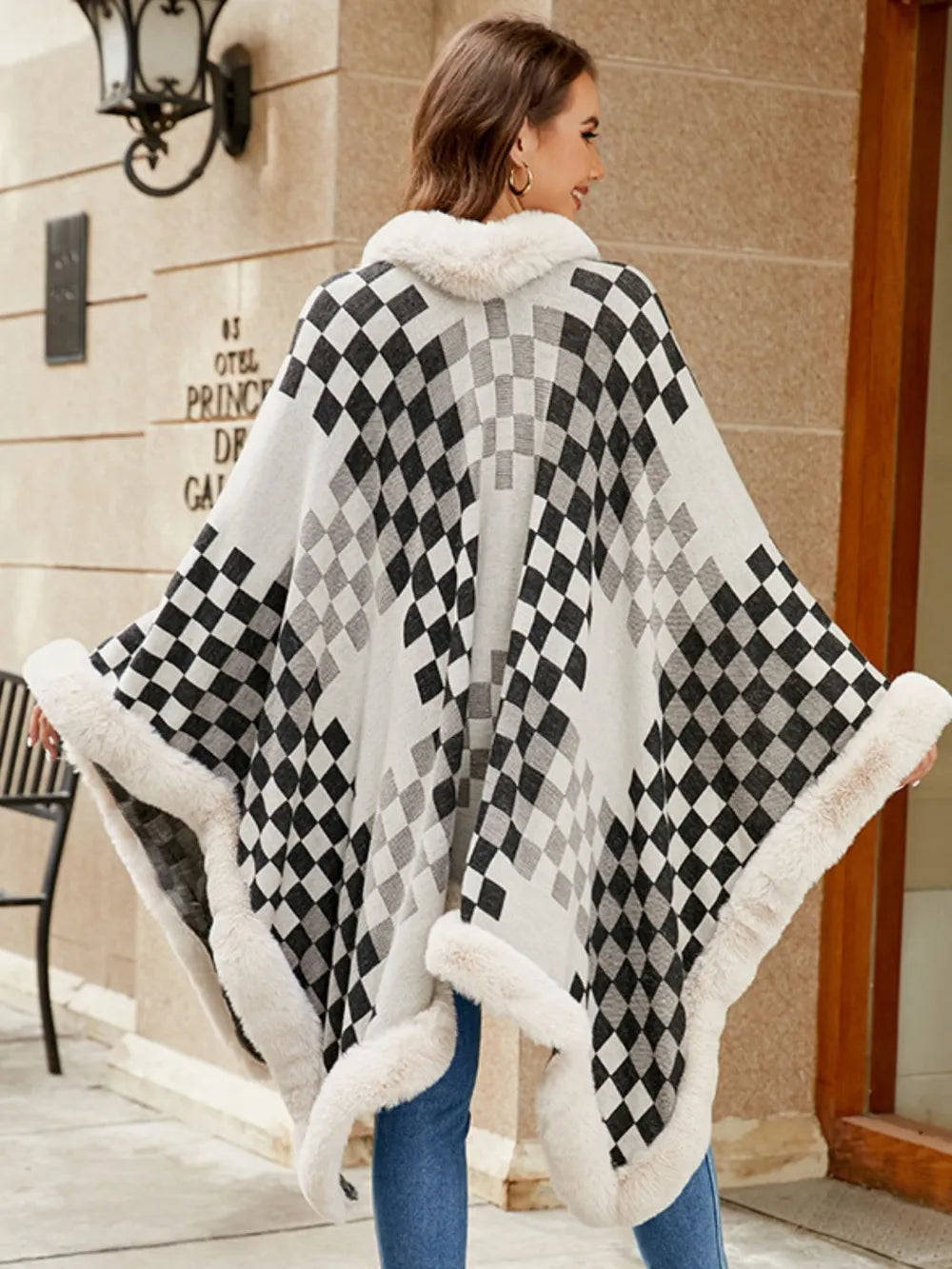 Fuzzy Checkered Long Sleeve Poncho - Lilixa.store
