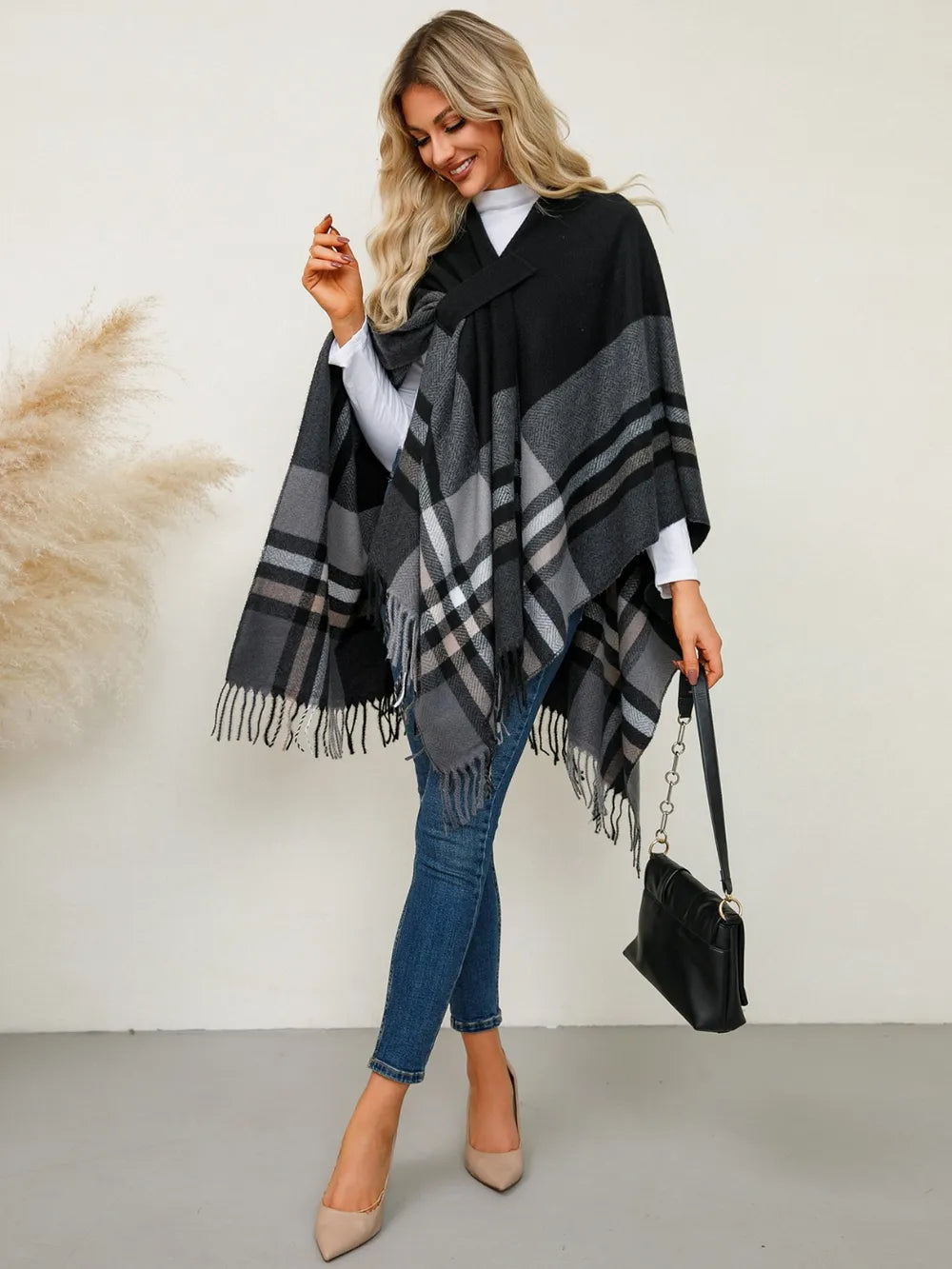 Fringe Contrast Plaid Poncho - Lilixa.store
