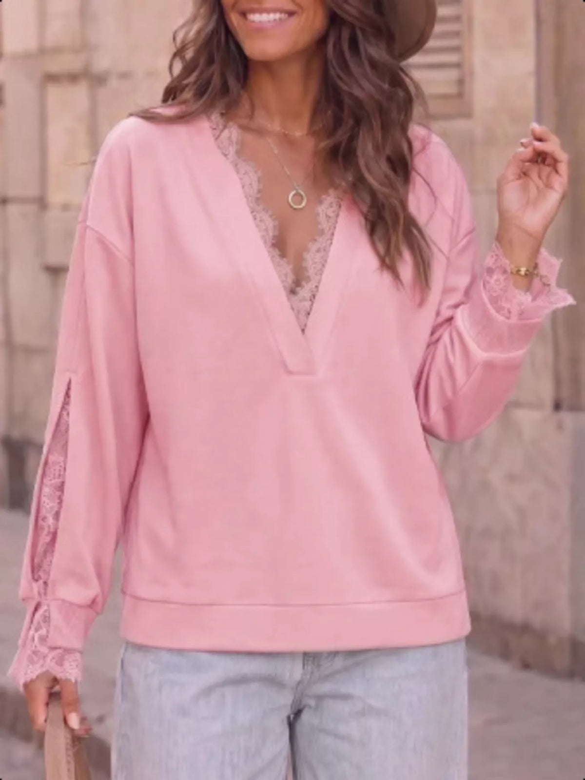 Lace Trim Split Sleeve Sweatshirt